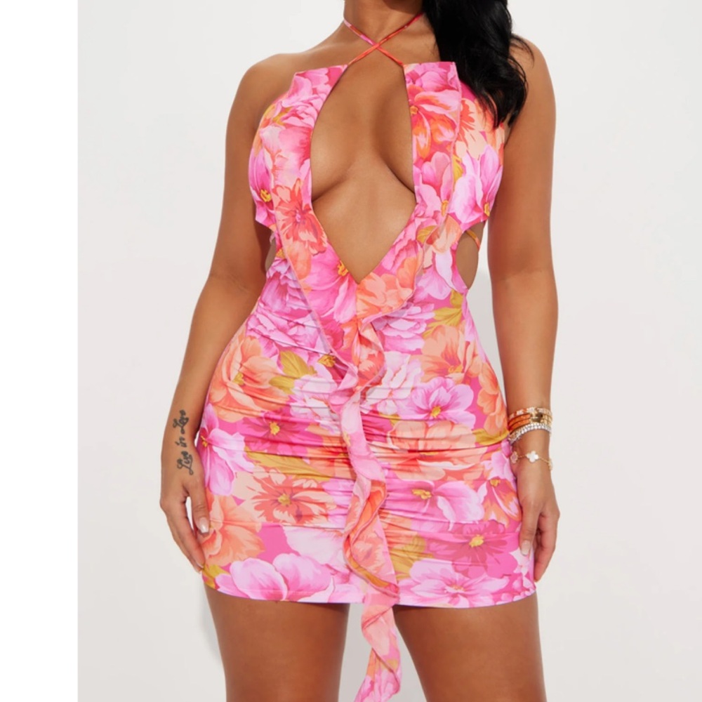 Fashion Nova Pink Floral Backless Mini Dress